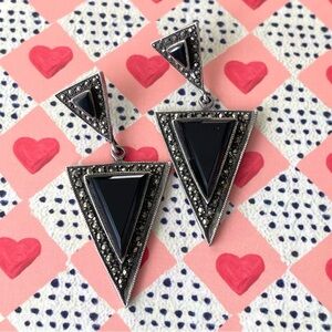 Vtg Art Deco unmarked sterling silver (?) & onyx (?) dangle earrings marcasite